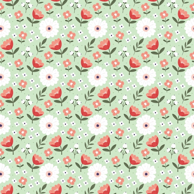 Patrón floral transparente con flores rosas y blancas sobre un fondo verde claro