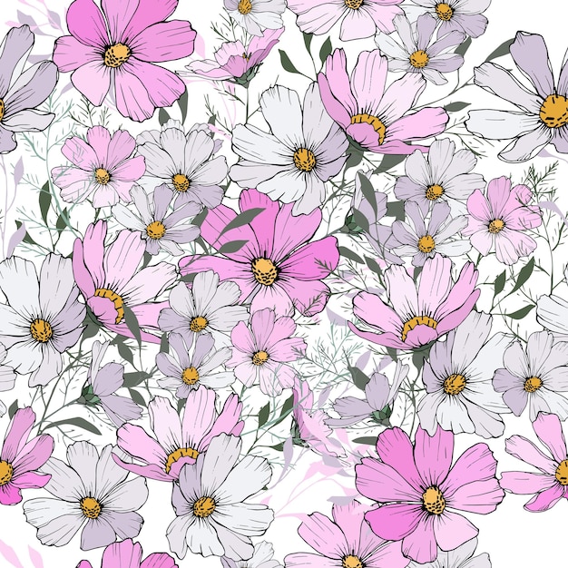 Patrón floral transparente con flores rosas y blancas.