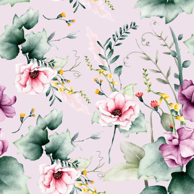 Un patrón floral transparente con flores rosas y hojas verdes sobre un fondo rosa