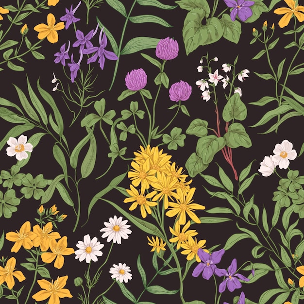 Patrón floral transparente con flores silvestres y hierbas. Fondo botánico repetitivo para la impresión. Textura retro interminable con plantas y hojas de hierbas de verano. Ilustración vectorial dibujada a mano en color.