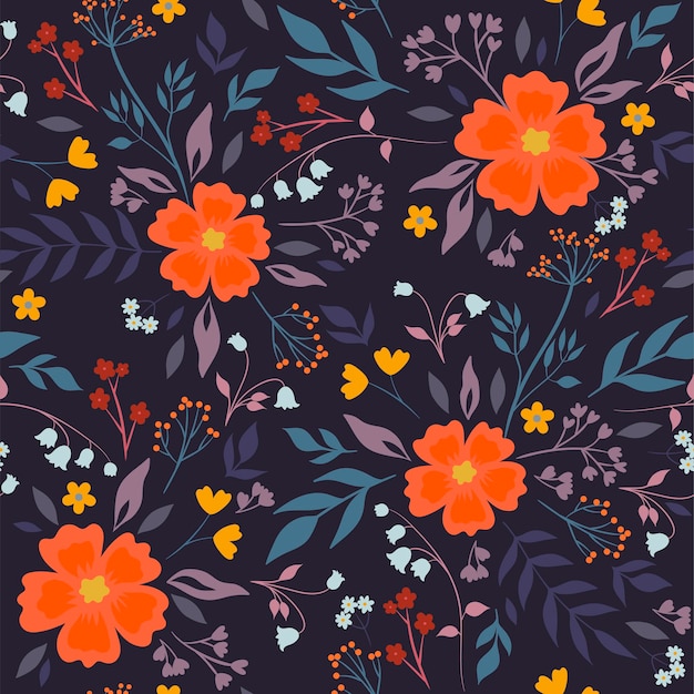 Patrón floral transparente con hierbas y flores. Gráficos vectoriales.
