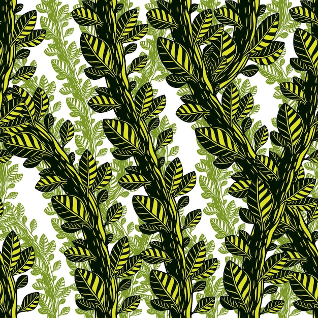 Patrón floral transparente con hojas y ramas, fondo de tela verde vectorial. tallos enredados, tema de vida natural de jardín y bosque.