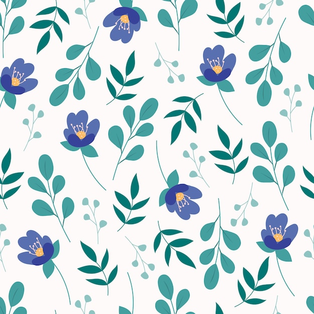 Patrón floral transparente con hojas verdes y flores azules
