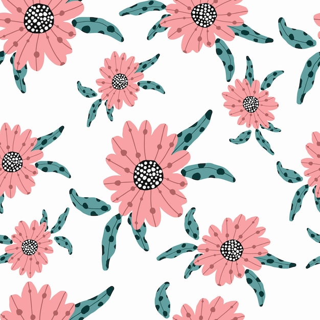 Patrón floral transparente. Impresión de primavera abstracta. Flores sobre un fondo blanco en estilo de dibujos animados. Stock ilustración ventoso.