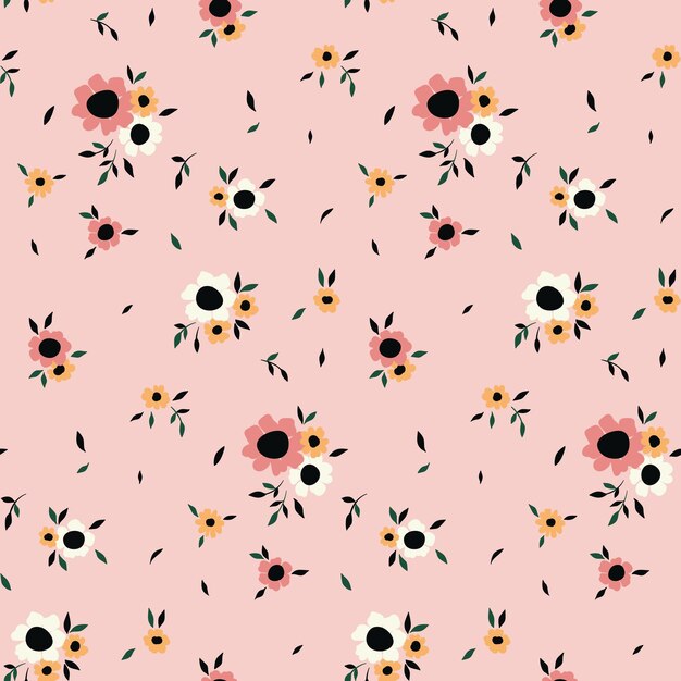 Patrón floral transparente lindo estampado floral con pequeñas plantas dibujadas a mano sobre una superficie rosa Diseño de fondo botánico romántico con composición abstracta de pequeñas flores ramos hojas Vector