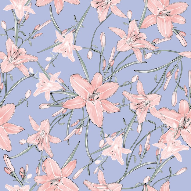 Patrón floral transparente con lirios rosas claros sobre fondo azul.