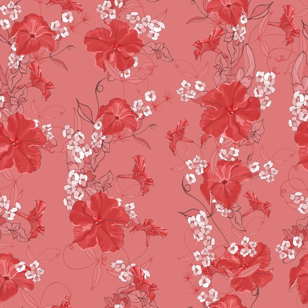 Patrón floral transparente con petunias de flores rojas.