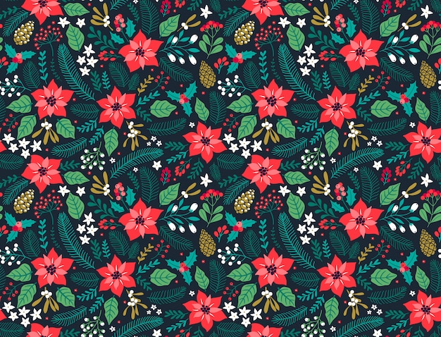 Patrón floral transparente con plantas de invierno. Fondo floral de invierno Patrón de colores con elementos florales de Navidad sobre fondo azul. Diseño de vacaciones para estampados de moda de Navidad y Año Nuevo.