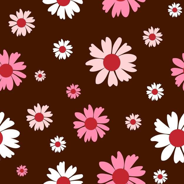 Patrón floral transparente Plantilla de impresión de tela botánica Ilustración vectorial con flores de manzanilla rosa sobre fondo marrón Patrón rústico