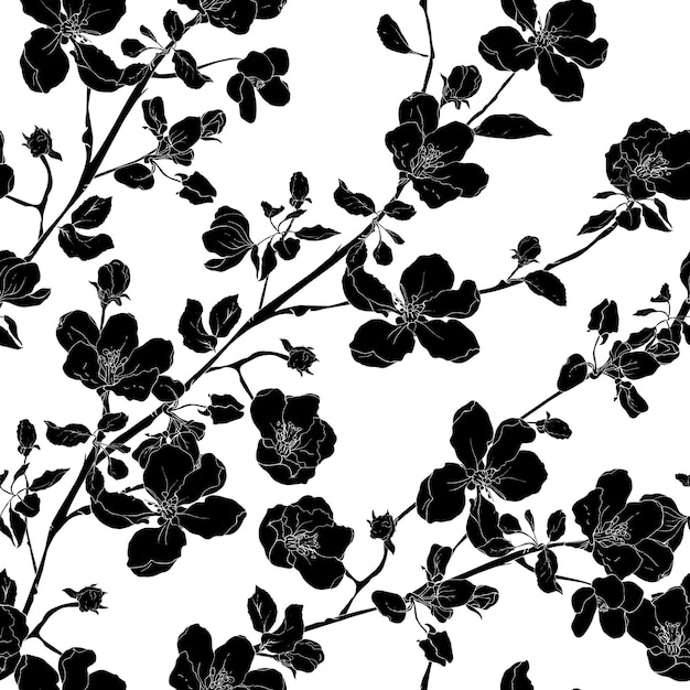 Patrón floral transparente con ramas de siluetas negras flores flor de manzana