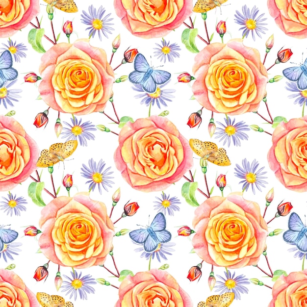 Patrón floral transparente con rosas de durazno acuarela y mariposas azules sobre un fondo blanco