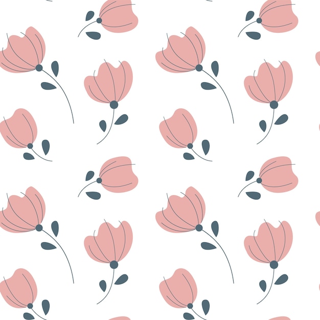 Patrón floral transparente con una simple caricatura rosa flores