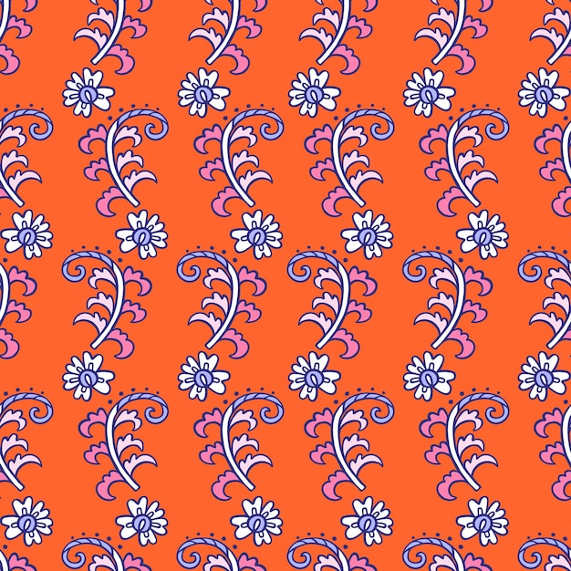 Patrón floral transparente sobre fondo naranja con motivos de Paisley