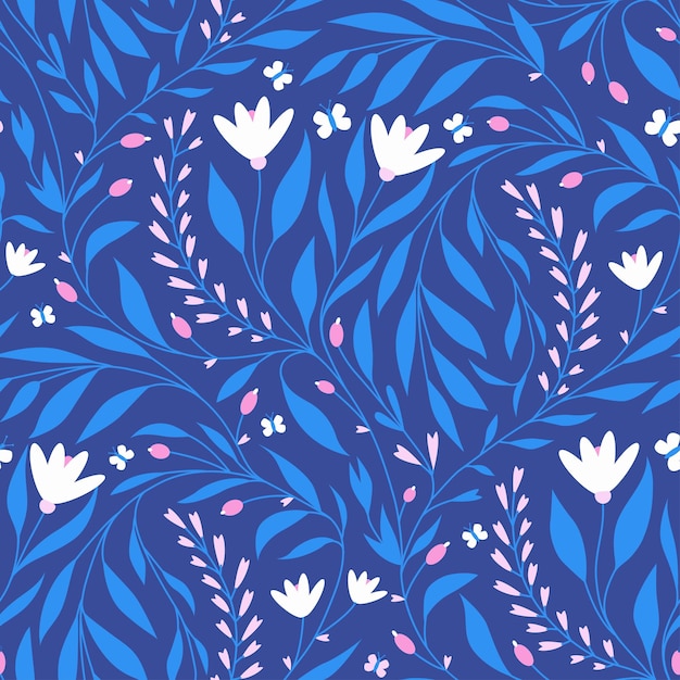 Patrón floral transparente de vector con flores blancas y mariposas sobre un fondo azul