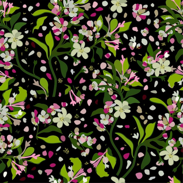 Patrón floral transparente de vector con flores blancas y rosas y hojas verdes sobre fondo negro