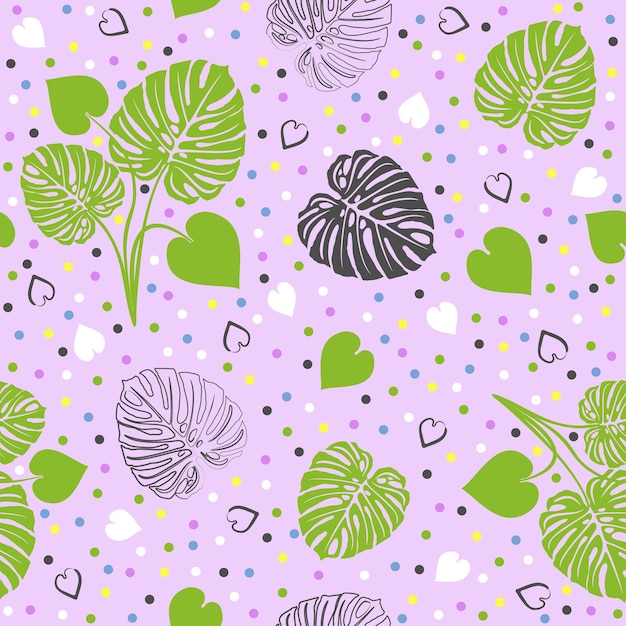 Patrón floral transparente de vector con hojas de monstera y puntos de colores sobre fondo rosa suave.