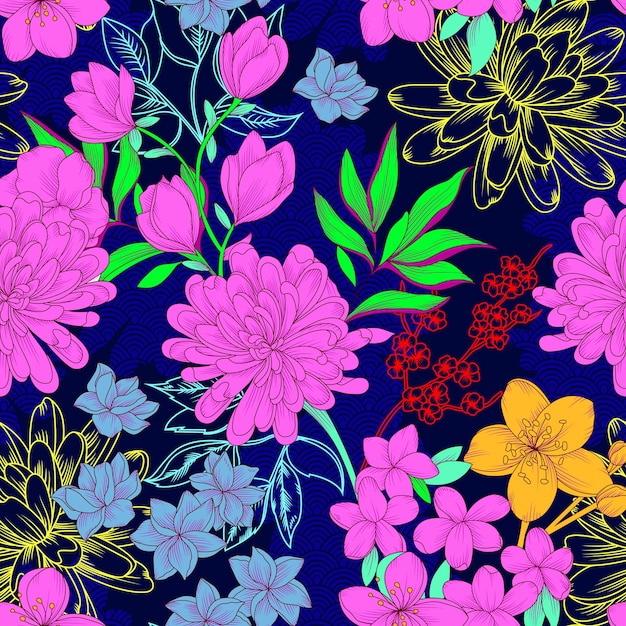 Patrón floral transparente en vectorWild flores hojas ramas caramelos repetir patrón diseño conjunto