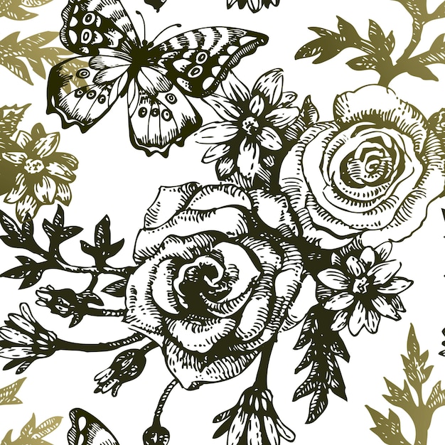Patrón floral transparente vintage. Ilustración dibujada a mano con pájaro y mariposa