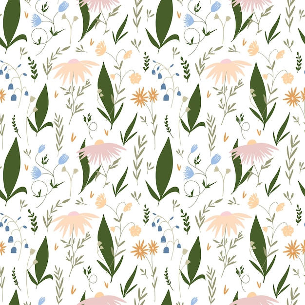 Patrón floral transparente vintage Vector Hierbas, flores silvestres Ilustración botánica Margaritas coloridas