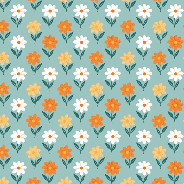 Patrón floral vectorial sin costuras con flores blancas y naranjas sobre fondo azul