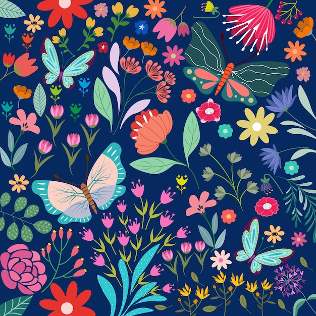 Patrón floral vectorial sin costuras con mariposas