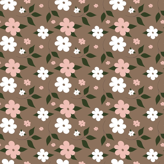 Patrón floral vectorial sin costuras con pequeñas flores blancas y rosas sobre un fondo marrón
