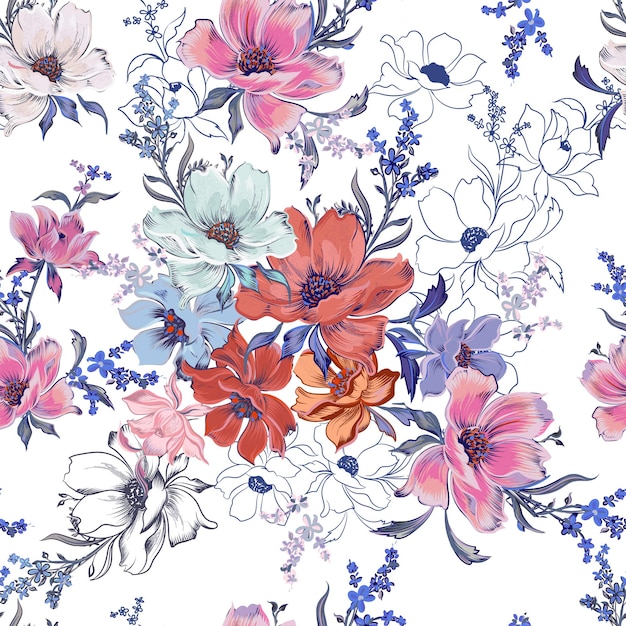 Patrón floral vectorial de moda con flores elegantes