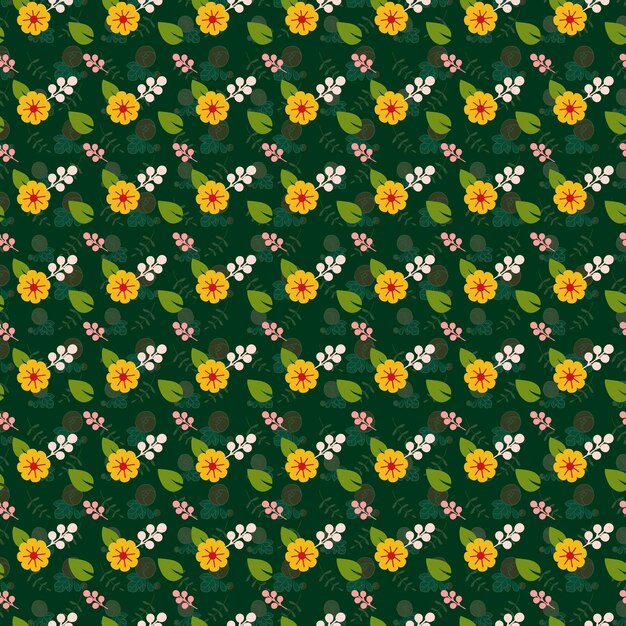 un patrón floral verde y amarillo con un patrón de flores y hojas