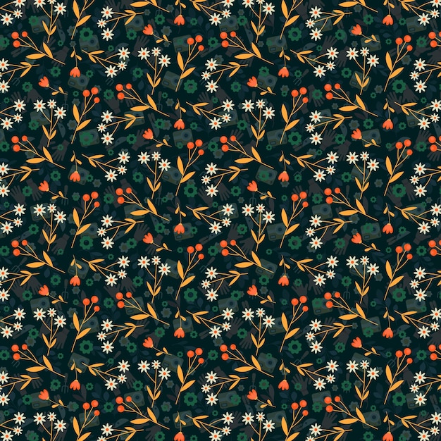 un patrón floral verde con flores de naranja y hojas verdes