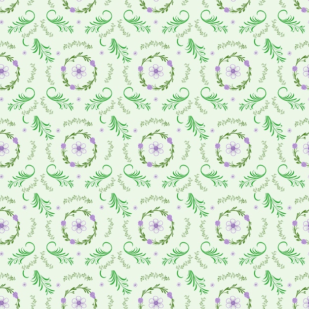 un patrón floral verde con flores púrpuras en un fondo blanco