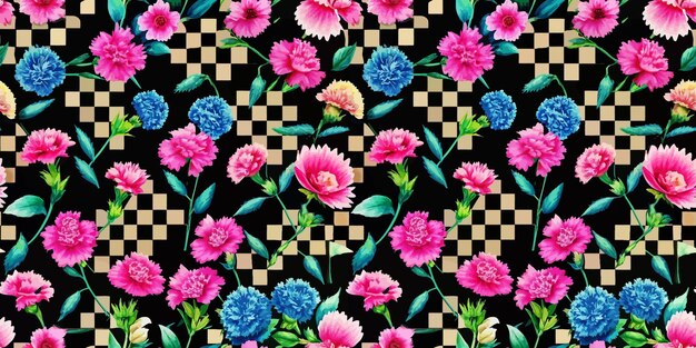 Patrón floral vibrante con flores rosadas y azules contra un fondo negro con un diseño a cuadros