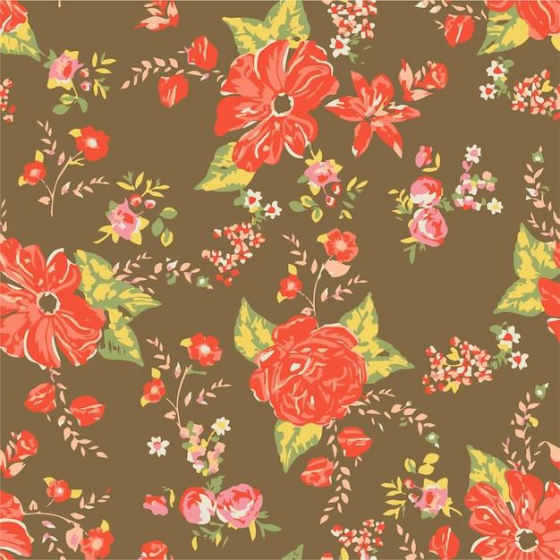 Patrón floral vintage con rosas rojas y hojas verdes sobre un fondo marrón