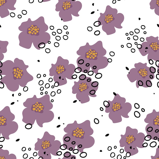 Patrón de flores abstractas con amarillo y violeta sobre fondo blanco Botánica de primavera