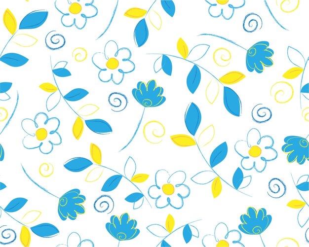 Patrón con flores botánicas de color ucraniano floral azul amarillo Vector