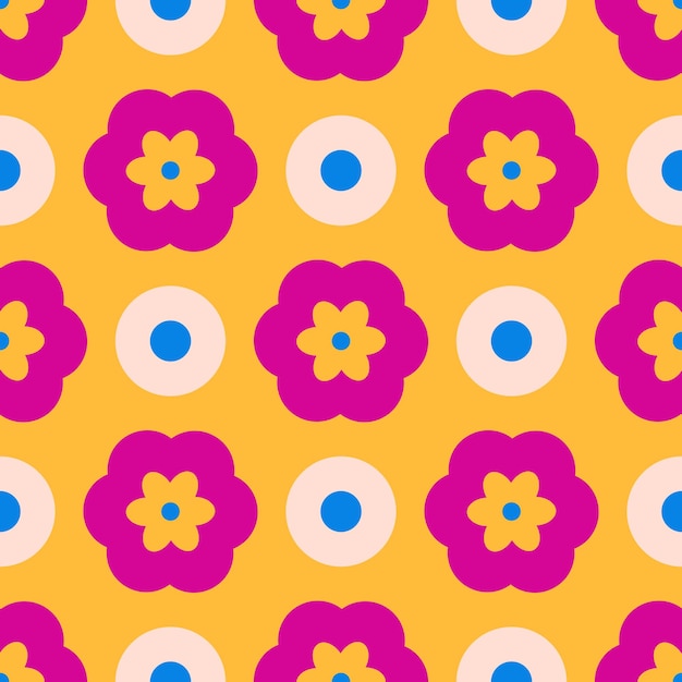 Un patrón de flores y círculos en un esquema de colores amarillo brillante y rosa