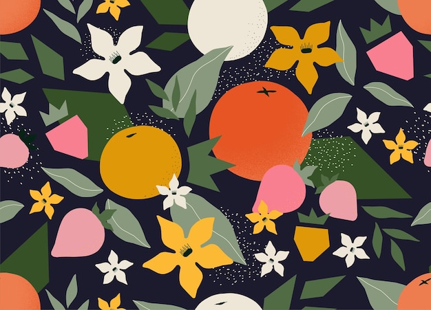 Patrón de flores de frutas abstractas Impresión floral de plantas collage geométrico de verano moderno hoja de selva Decoración contemporánea papel de envoltura textil diseño de papel tapiz de textura sin costuras vectorial
