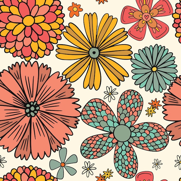 Vector patrón de flores hippie retro de los años 70 sin costuras vintage groovy. patrón textil y estampado.