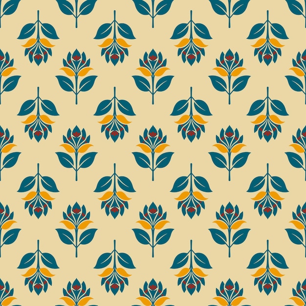 Un patrón de flores y hojas en un esquema de colores azul y amarillo
