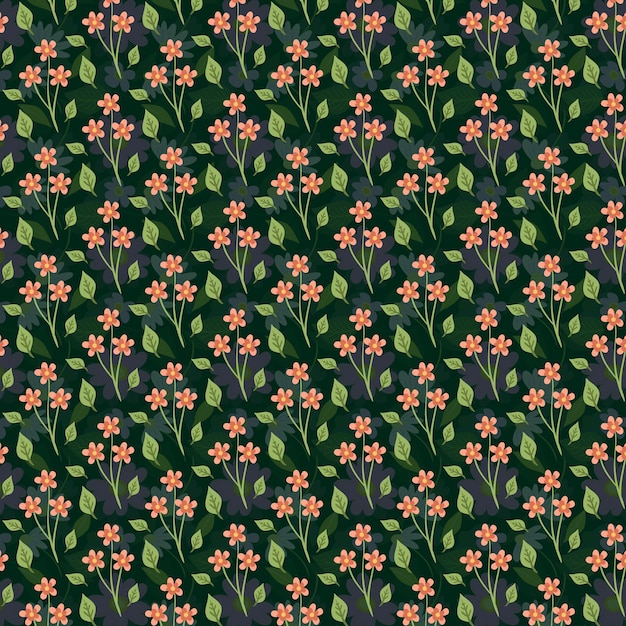 un patrón de flores y hojas en un fondo oscuro