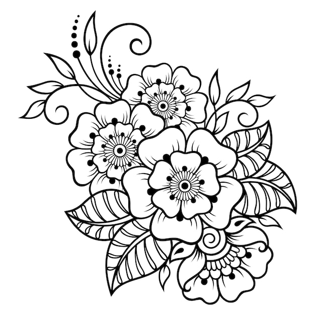 Patrón de flores mehndi para dibujo y tatuaje de henna. Decoración en estilo étnico oriental, indio. Adorno de Doodle. Ilustración de vector de dibujo a mano de contorno.