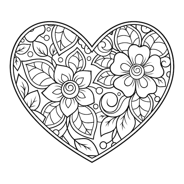 Patrón de flores Mehndi en forma de corazón para dibujo y tatuaje de Henna Decoración en estilo indio oriental étnico Saludos de San Valentín Página de libro para colorear