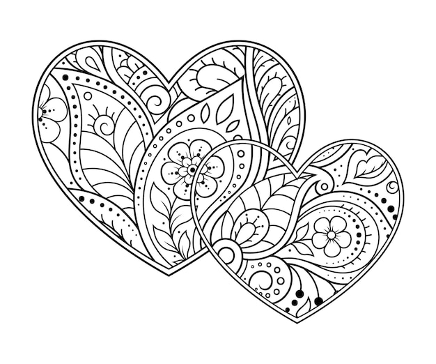 Vector patrón de flores mehndi en forma de corazón para henna dibujo y tatuaje decoración en estilo étnico oriental indio felicitaciones por el día de san valentín página de libro para colorear