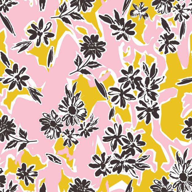 Patrón de flores minimalista dibujado a mano en un fondo ondulado de remolino abstracto