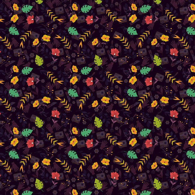 un patrón de flores y plantas en un fondo negro