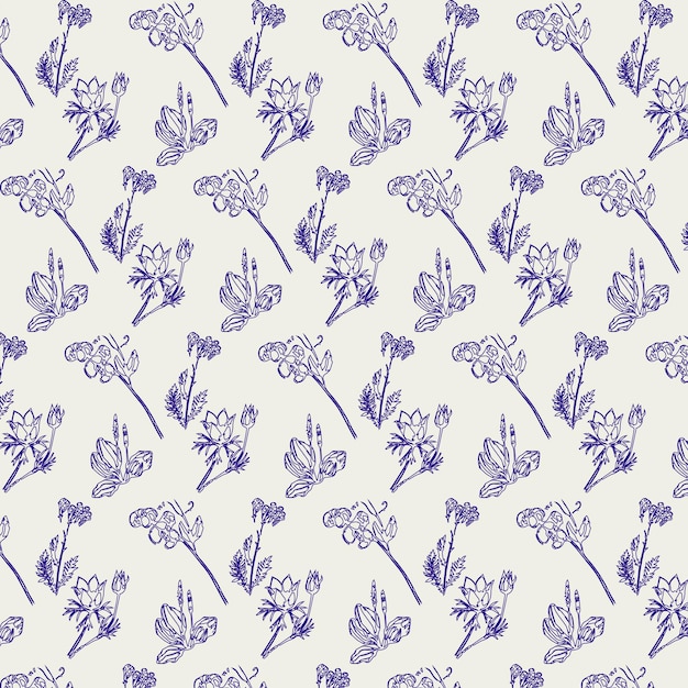 Patrón de flores de prado Fondo dibujado a mano de flores silvestres de campo Ilustración vectorial EPS 10