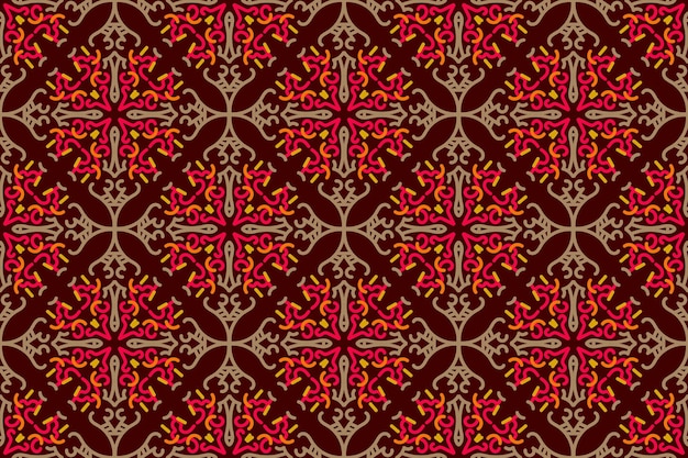 un patrón de flores rojas y doradas en un fondo rojo oscuro