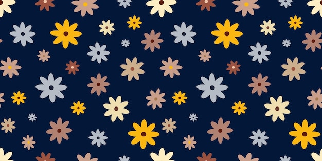 Un patrón con flores sobre un fondo azul oscuro.