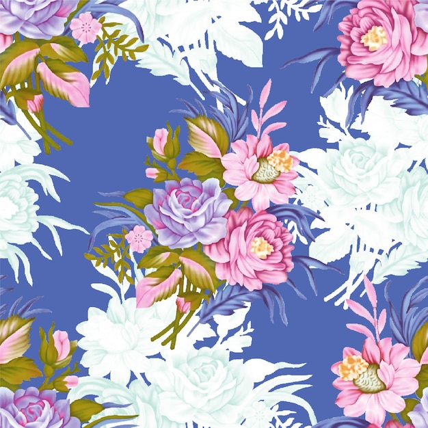 Un patrón de flores sobre un fondo azul.