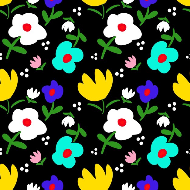 Un patrón de flores sobre un fondo negro.