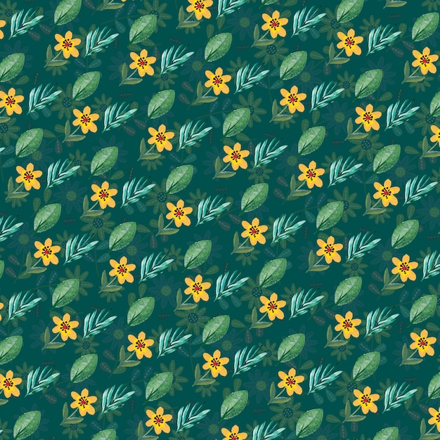 un patrón de flores verdes y amarillas con flores naranjas en un fondo verde